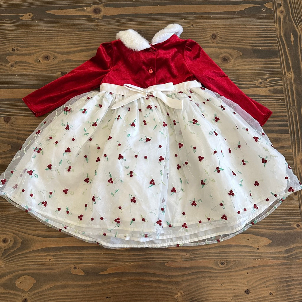 Wonder Kids Holiday Formal Dress 24M Red Velvet Faux Fur Embroidered Skirt - Picture 3 of 5
